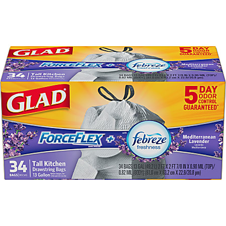 Glad ForceFlexPlus Tall Kitchen Drawstring Trash Bags - Lavender with Febreze Freshness - 13 gal Capacity - 25.13" Width x 24" Length - 0.90 mil (23 Micron) Thickness - Gray - Plastic - 204/Carton - 34 Per Box - Kitchen