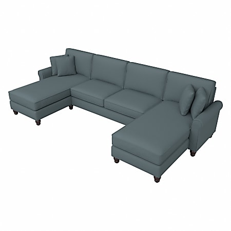 Bush® Furniture Hudson 131"W Sectional Couch With Double Chaise Lounge, Turkish Blue Herringbone, Standard Delivery
