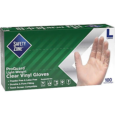 Safety Zone Powder Free Clear Vinyl Gloves - Large Size - Clear - Latex-free, DEHP-free, DINP-free, PFAS-free, Comfortable, Silicone-free - For Janitorial Use, Cosmetics, Painting, Cleaning, General Purpose, Pet Care - 100 / Box - 9.25