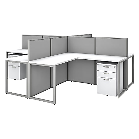 Bush Business Furniture Easy Office 60"W 4-Person L-Shaped Cubicle Desk Workstation With 45"H Panels And File Cabinets, Pure White/Silver Gray, Standard Delivery