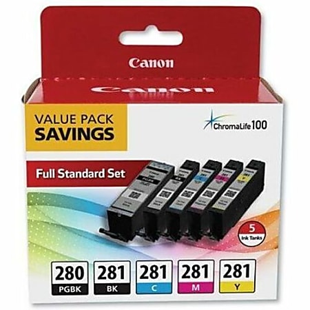 Canon PGI-280/CLI-281 Pigment Black, Black, Cyan, Yellow, Magenta Original Ink Cartridges, Pack Of 5 Cartridges, 2075C006