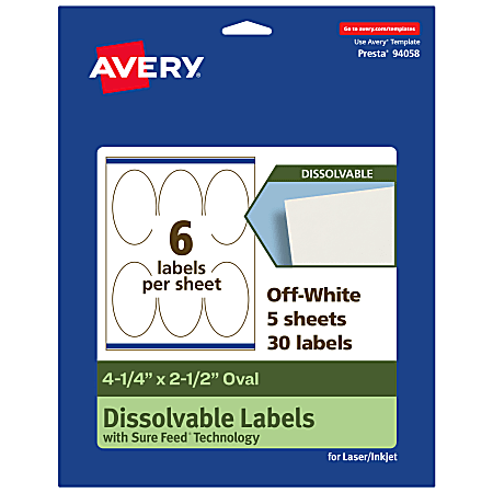 Avery® Dissolvable Labels With Sure Feed® Technology, 94058-DWMP5, Oval, 4-1/4"x2-1/2", Matte Off-White, Pack Of 30