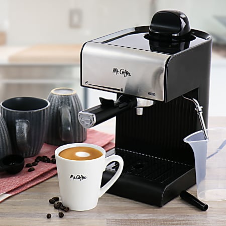 Mr. Coffee Espresso and Cappuccino Machine, Single Serve Coffee Maker with  Milk Frothing Pitcher and Steam Wand, 20 ounces, Stainless Steel,Black