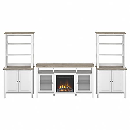 Bush® Furniture Mayfield Electric Fireplace TV Stand for 70" TVs With Storage Bookcases, Shiplap Gray/Pure White, Standard Delivery