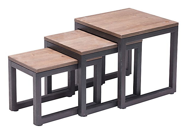 Zuo Modern Civic Center Nesting Tables, Square, Black/Distressed Natural, Set Of 3 Tables