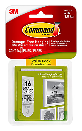 Command Picture Hanging Strips 8 Pairs 16 Command Strips Damage Free White  - Office Depot