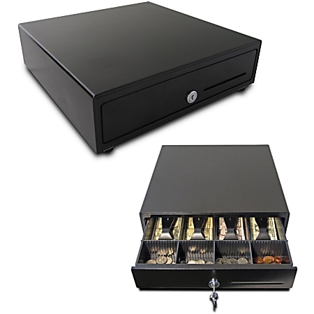 APG Cash Drawer Vasario 1313 Cash Drawer - 4 Bill - 4 Coin - 1 Media Slot - 4 Lock PositionPrinter Driven - Plastic - Black - 3.9"x13.1"x 13.1" Depth