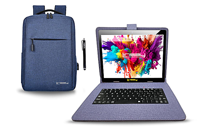 Linsay Octa Core Tablet, 10.1”, 4GB Memory, 128GB Storage, Android 13, With Blue Designer Cloth Keyboard Case, Compact Backpack And Pen Stylus