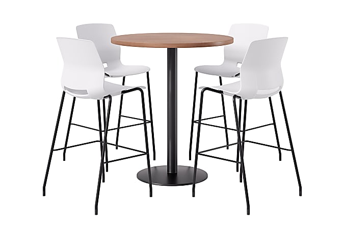 KFI Studios Proof Bistro Round Pedestal Table With Imme Barstools, 4 Barstools, River Cherry/Black/White Stools