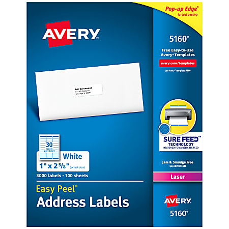 Avery® Easy Peel® Address Labels With Sure Feed® Technology, 5160, 1" x 2 5/8", White, Box Of 3,000