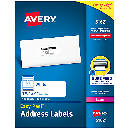 Avery® Easy Peel® Address Labels With Sure Feed® Technology, 5162, Rectangle, 1-1/3" x 4", White, Pack Of 1,400