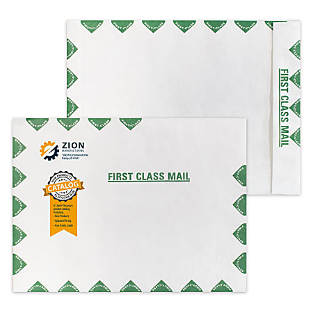 Zip Stick®,  White With Green First Class Border DuPont™ Tyvek® Open End Catalog Mailing Envelopes, Full-Color, Custom 10" x 13", Box Of 500