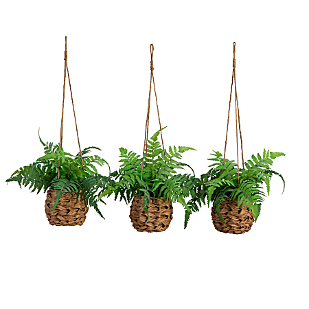 Nearly Natural 10”H UV Resistant Artificial Boston Ferns With Hanging Wicker Baskets, 10”H x 11”W x 11”W, Green/Brown, Set Of 3 Ferns