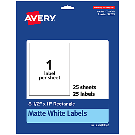 Avery® Permanent Labels, 94269-WMP25, Rectangle, 8-1/2" x 11", White, Pack Of 25