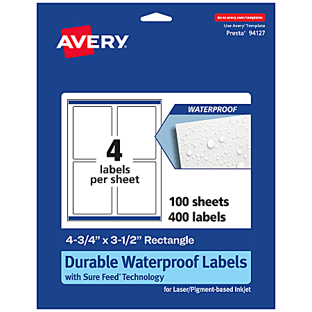 Avery® Waterproof Permanent Labels With Sure Feed®, 94127-WMF100, Rectangle, 4-3/4" x 3-1/2", White, Pack Of 400