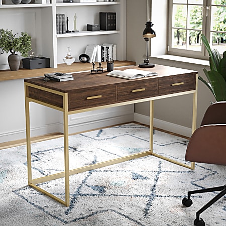 Martha Stewart Ollie 47-1/4"W Home Office Computer Desk With 3 Drawers, Walnut/Polished Brass