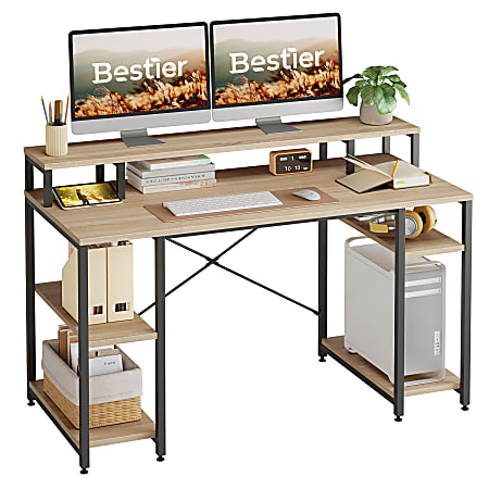 Bestier 56"W Student Desk With Monitor Stand & Storage Shelf, Light Oak