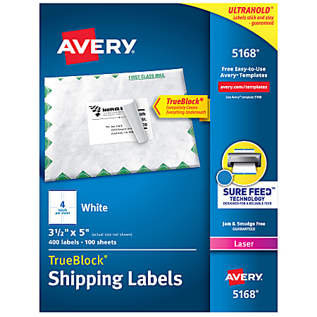 Avery® TrueBlock® Shipping Labels With Sure Feed® Technology, 5168,  Rectangle, 3-1/2