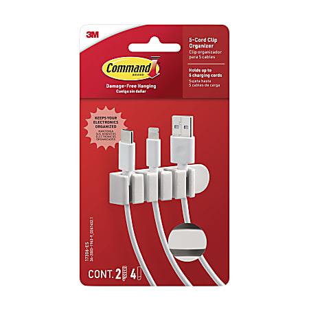Command™ 5-Cord Clip Organizer, 4 White Clips, 8 Strips, 1 Clip Holds 5 Charging Cords, Great for Damage-Free Electronics Organization Under Desk