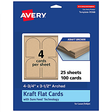 Avery® Print-To-The-Edge Flat Cards With Sure Feed® Technology, 4-3/4"x3-1/2" Arched, Kraft Brown, Pack Of 100