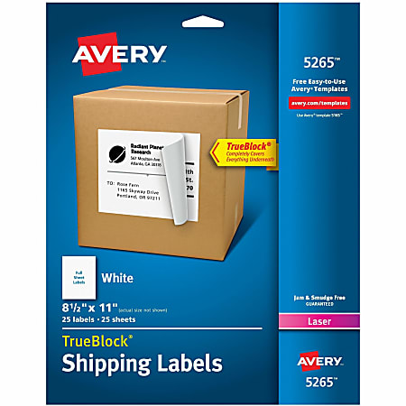 Avery® Shipping Labels With TrueBlock® Technology, Permanent Adhesive, 5265, Rectangle, 8-1/2" x 11", White, Box Of 25