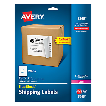 Avery® Shipping Labels With TrueBlock® Technology, Permanent Adhesive,  5265, Rectangle, 8-1/2