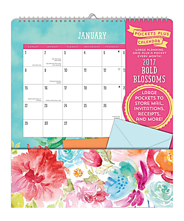 Orange Circle Studio™ Pocket Plus Monthly Wall Calendar, 11 3/4" x 13 3/4", Bold Blossom, January to December 2017