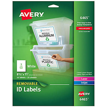 Avery® Self-Adhesive Removable ID Labels, 6465, Rectangle, 8.5" x 11", White, Pack Of 25