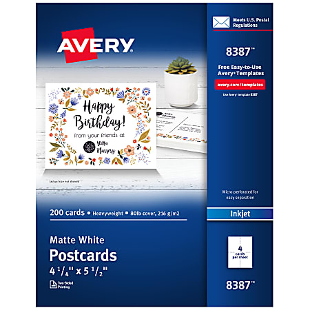 Avery® Inkjet Postcards, 4 1/4" x 5 1/2",