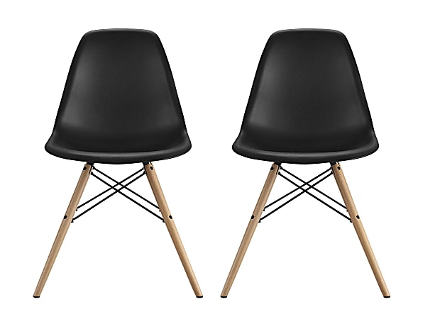 DHP Mid-Century Modern Molded Chairs With Wood Legs, Black/Birch, Set Of 2