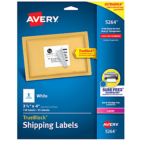 Avery® TrueBlock® Shipping Labels With Sure Feed® Technology, 5264, Rectangle, 3 1/3" x 4", White, Pack Of 150
