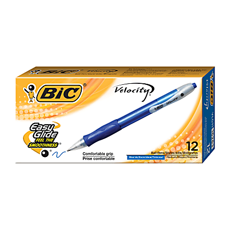BIC® Velocity® Retractable Ballpoint Pens, Medium Point, 1.0 mm, Assorted Barrels, Blue Ink, Pack Of 12