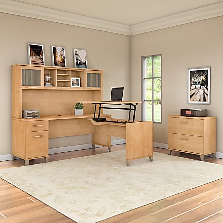 Bush Furniture Somerset 72"W 3 Position Sit to Stand L Shaped Desk With Hutch And File Cabinet, Maple Cross, Standard Delivery