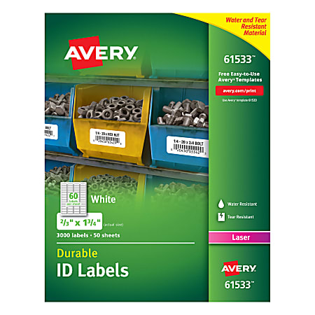 Avery® Permanent Durable ID Labels With TrueBlock® Technology, 61533, 2/3" x 1 3/4", White, Pack Of 3,000