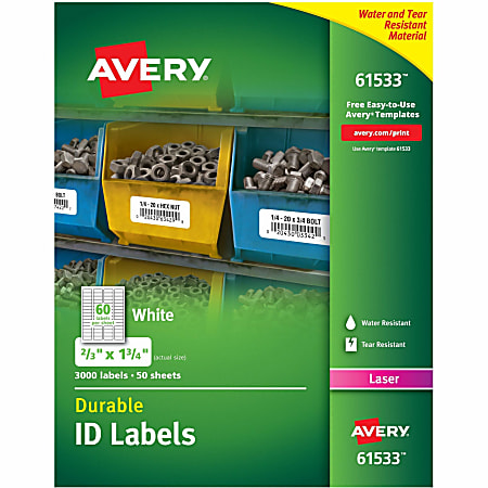 Avery® Permanent Durable ID Labels With TrueBlock® Technology, 61533, 2/3" x 1 3/4", White, Pack Of 3,000