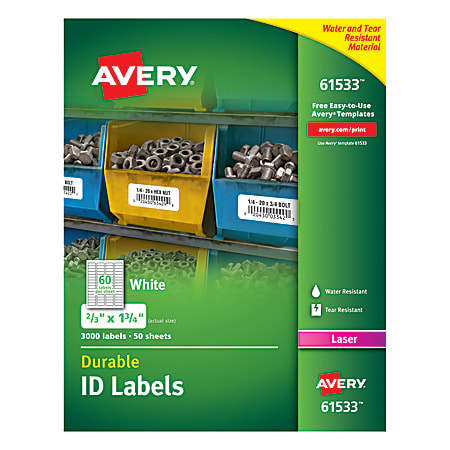 Avery® Permanent Durable ID Labels With TrueBlock® Technology, 61533, 2/3" x 1 3/4", White, Pack Of 3,000
