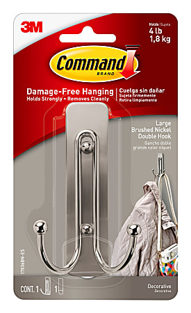 Command Large Double Wall Hooks, 1-Command Hooks, 1-Command Strip, Damage-Free, Brushed Nickel