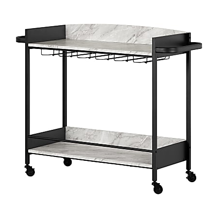 South Shore City Life Bar Cart With Wine Glass Rack, 33-1/2” x 41”, Black/Faux Carrara Marble