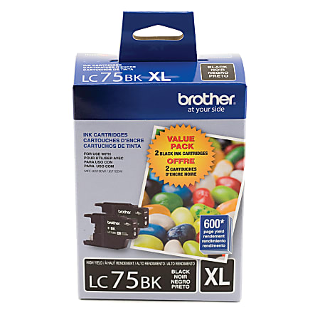 Brother® LC75 Black High-Yield Ink Cartridges, Pack Of 2, LC75BK