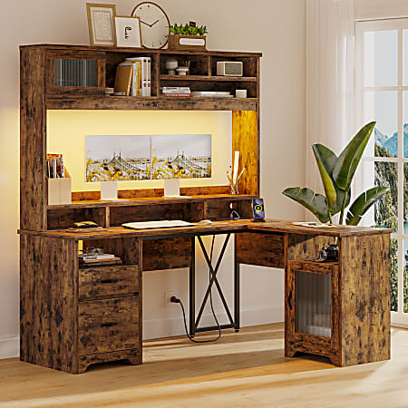 Bestier 63"W L-Shaped Ergonomic Corner Desk, Rustic Brown