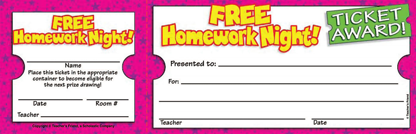 Scholastic Teacher's Friend Free Homework Night Ticket Awards, 8 1/2" x 2 3/4", Grade K - 5, Pack Of 100
