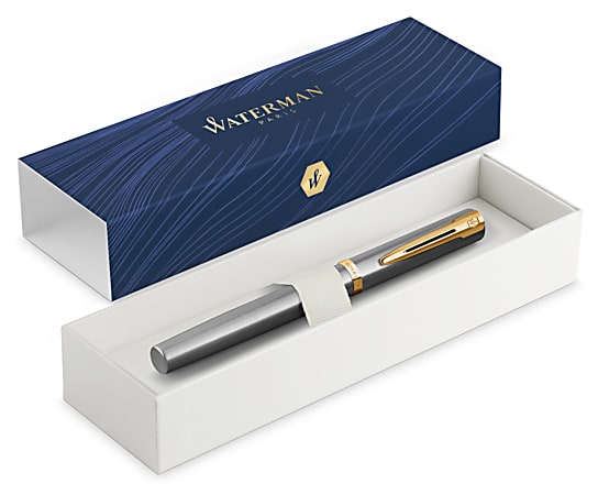 Waterman Impression Stainless Steel Fountain Pen Gold-Coated Trim, Medium Nib, Blue Ink