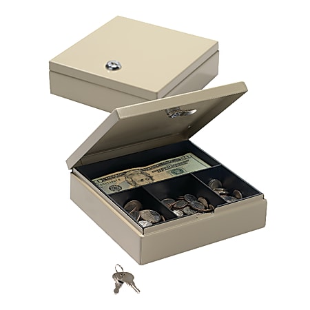 Office Depot® Brand Small Locking Cash Box, 2 1/8"H x 6 7/8"W x 7 11/16"D, Sand