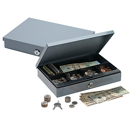 Office Depot® Brand Ultra-Slim Cash Box With Security Lock, 2"H x 11 1/4"W x 7 1/2"D, Gray