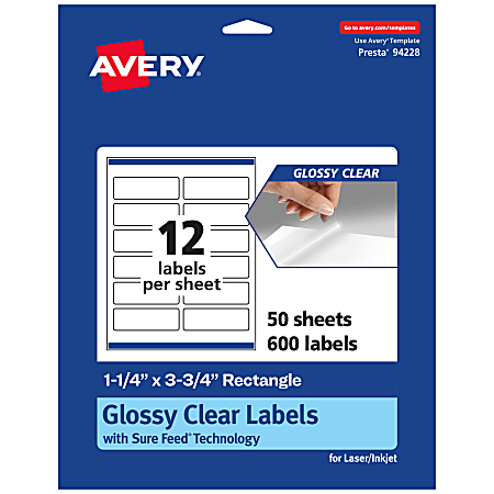 Avery® Glossy Permanent Labels With Sure Feed®, 94228-CGF50, Rectangle, 1-1/4" x 3-3/4", Clear, Pack Of 600