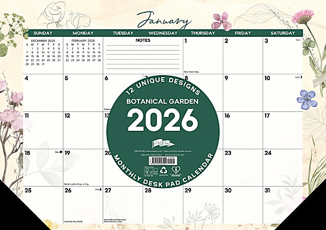 2026 Willow Creek Press Monthly Desk Pad Calendar, 12" x 17", Botanical Garden, Jan-Dec
