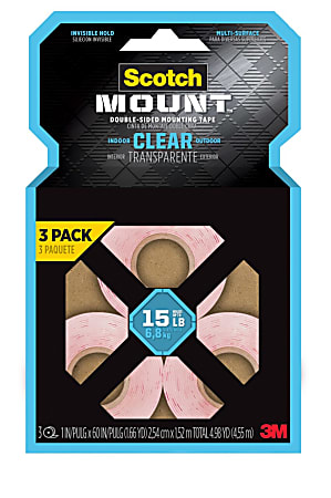 Scotch-Mount™ Clear Double-Sided Mounting Tape , 1 in x 60 in (2.54 cm x 1.52 m), 3 Pack