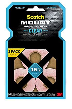Scotch-Mount™ Clear Double-Sided Mounting Tape , 1 in x 60 in (2.54 cm x 1.52 m), 3 Pack