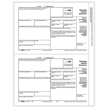 ComplyRight® 1098 Tax Forms, 2-Up, Recipient/Lender Copy C And/Or State Copy, Laser, 8-1/2" x 11", White, Pack Of 100 Forms