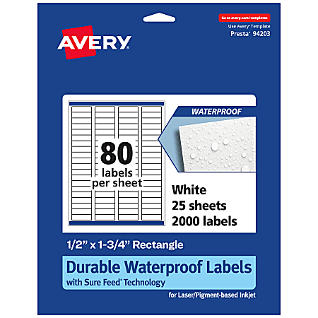 Avery® Waterproof Labels With Sure Feed®, 94203-WMF25, Rectangle,